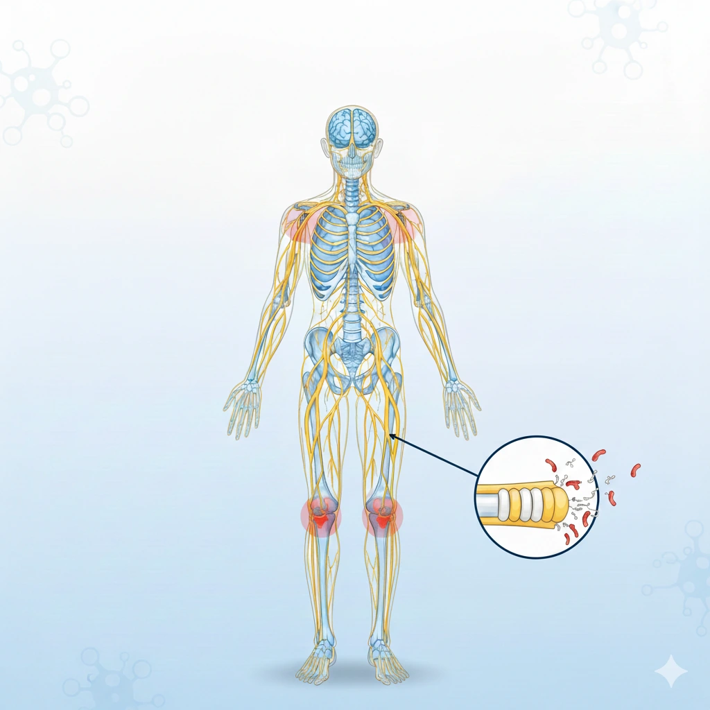 Diagrama del sistema nervioso afectado por Guillain-Barré